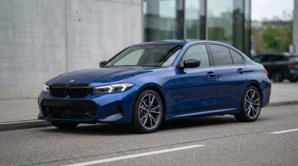 Yeni BMW 3 Serisi, gri duvarın önündeki asfalt yolda park halinde duruyor.