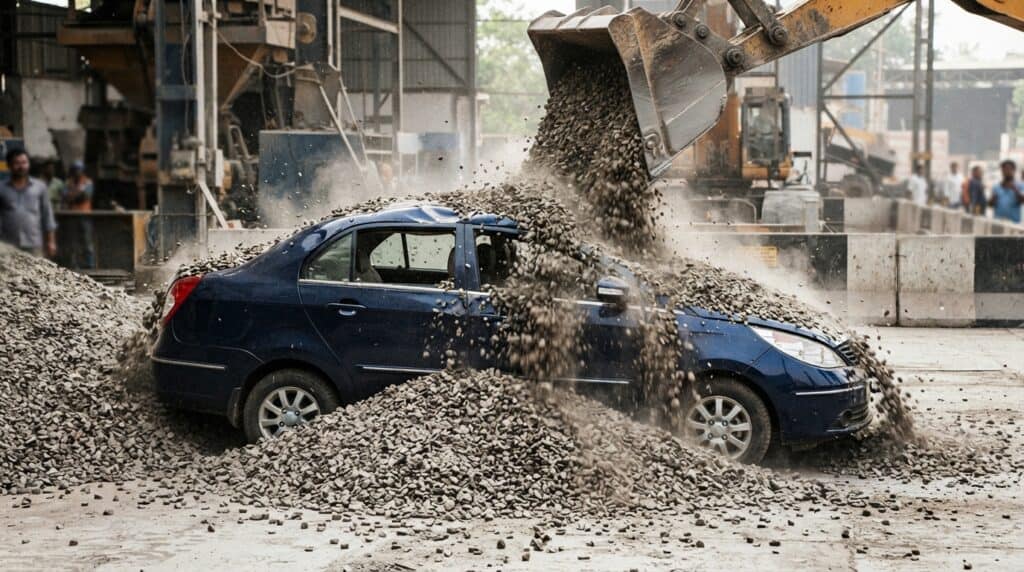 Tata Aeris: 5.500 Dolarlık Yeni Sedan Üzerine Dökülen 20 Ton Çakılla Dayanıklılığını Kanıtladı 2 Bir inşaat sahasında, kepçesinden üzerine 20 ton çakıl dökülen mavi renkli bir Tata Aeris sedan otomobil görülüyor.