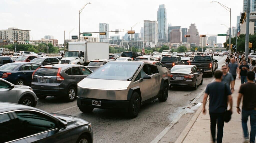 Tesla Cybercab Austin'de Şaşırttı: 10 Dakikalık Rota Neden 70 Dakika Sürdü? 2 Austin'de yoğun trafikte duran gümüş renkli bir Tesla Cybertruck ve çevresindeki araçlar ile yayalar görülüyor.