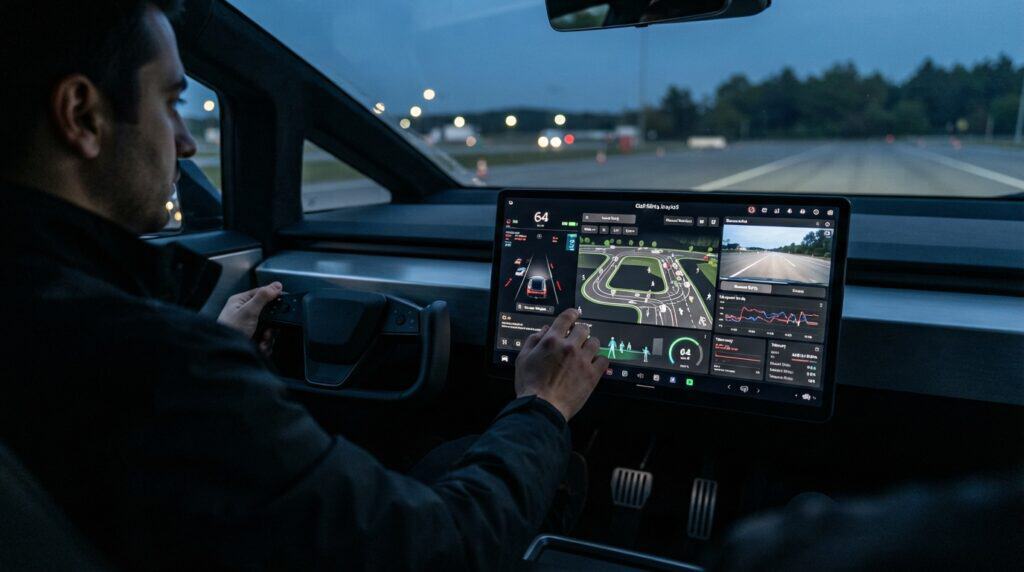 Tesla Cybercab'in içinde, direksiyon başındaki bir sürücünün dokunmatik ekrandaki arayüzü kontrol ettiği an.