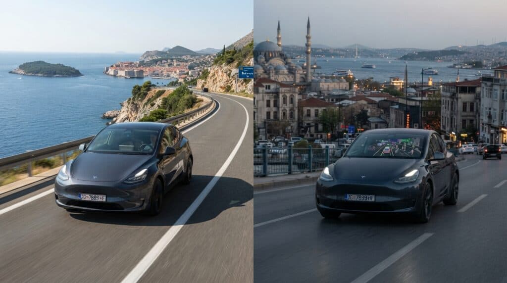 Tesla FSD Avrupa'da Yayılıyor: Hırvatistan Onayı ve Türkiye'deki Son Durum 2 Hırvatistan sahil yolunda ve İstanbul manzaralı bir caddede seyir halinde olan gri Tesla Model Y.