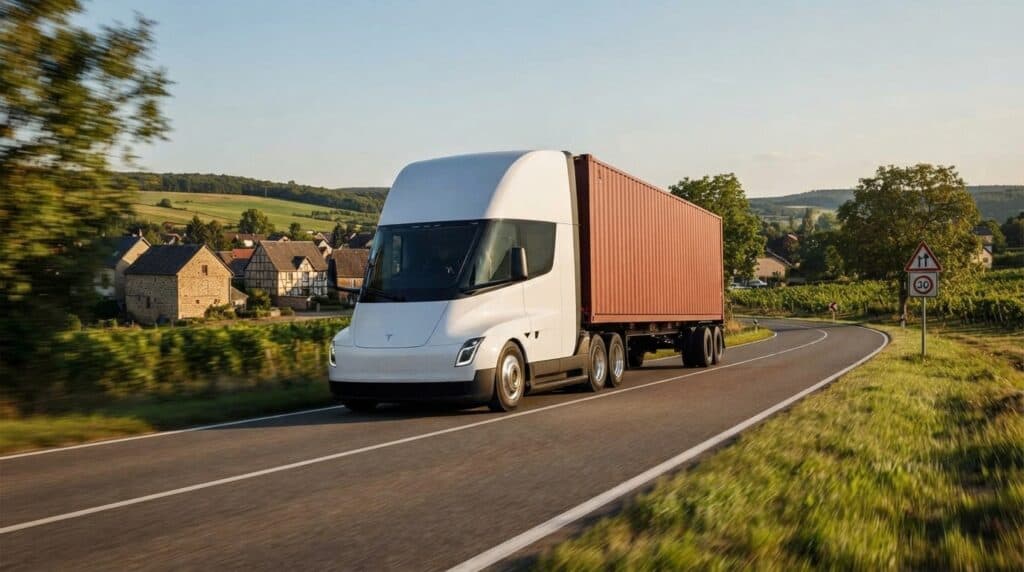 Kırsal bir yolda seyreden beyaz Tesla Semi elektrikli çekici tır.
