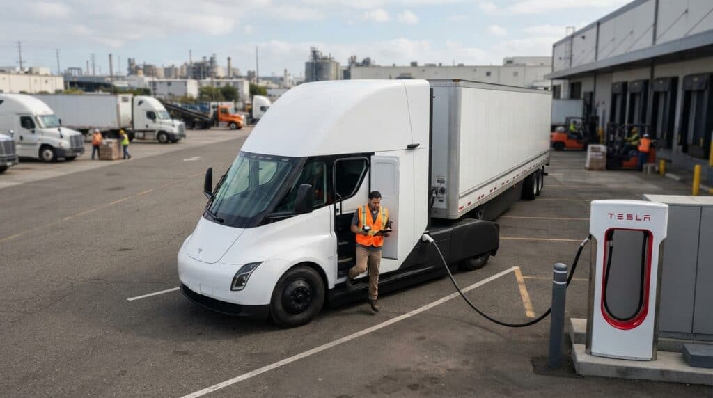 Tesla Semi Teslimatları Hız Kazandı: Elektrikli Ağır Vasıta Sektöründe Neler Değişiyor? 2 Turuncu güvenlik yelekli bir sürücü, şarj istasyonuna bağlı beyaz Tesla Semi elektrikli tırın kapısından iniyor.