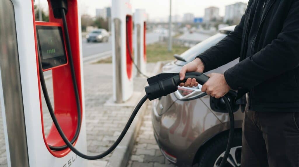 Bir kişi, Tesla Supercharger şarj istasyonundan aldığı CCS adaptörlü kabloyu otomobiline bağlıyor.