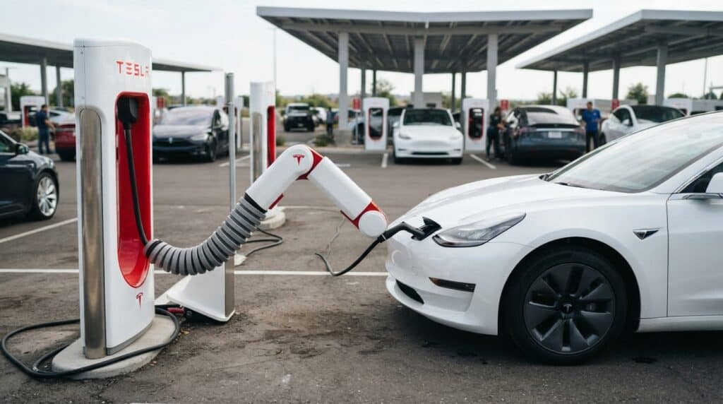 Tesla'dan Hızlı Şarj Devrimi: Accordion Supercharger Dönemi Başlıyor 1 Tesla şarj istasyonunda akordeon benzeri bir robotik kol ile otomatik olarak şarj edilen beyaz bir Tesla Model 3.