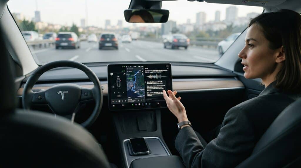 Tesla Model 3'ün iç mekanında otururken Grok ile konuşan bir kadın görülüyor.