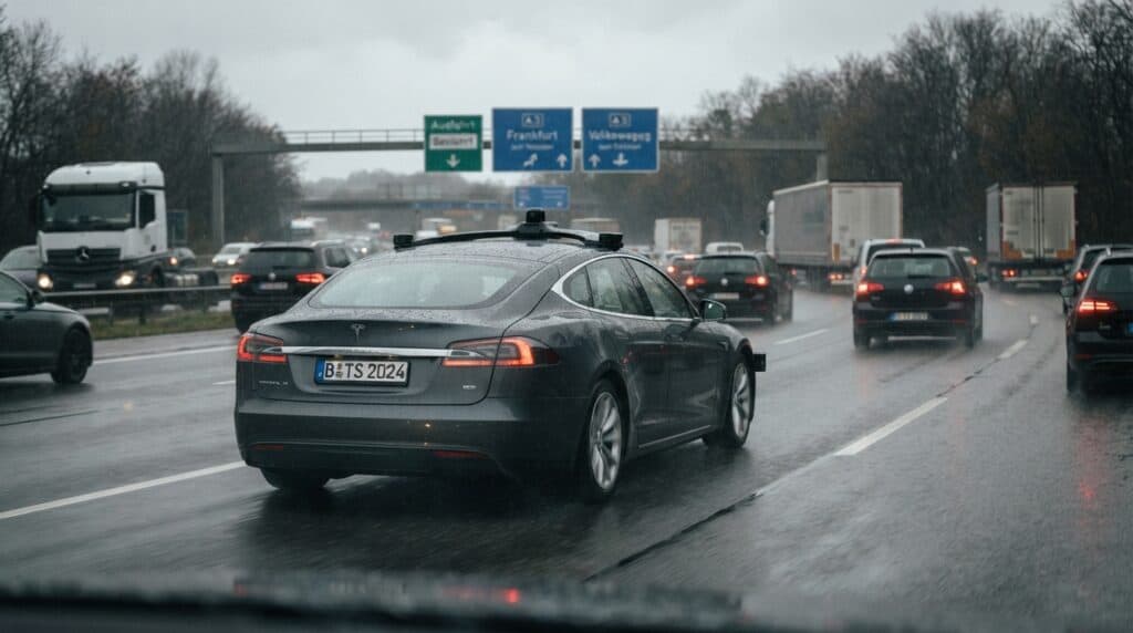 Tesla'nın FSD Onay Sürecinde Yeni Erteleme: Avrupa Yolları İçin Aralık Beklenecek 2 Yağmurlu bir günde otoyolda ilerleyen, üzerinde kamera ve sensör ekipmanları bulunan gri renkli bir Tesla Model S.