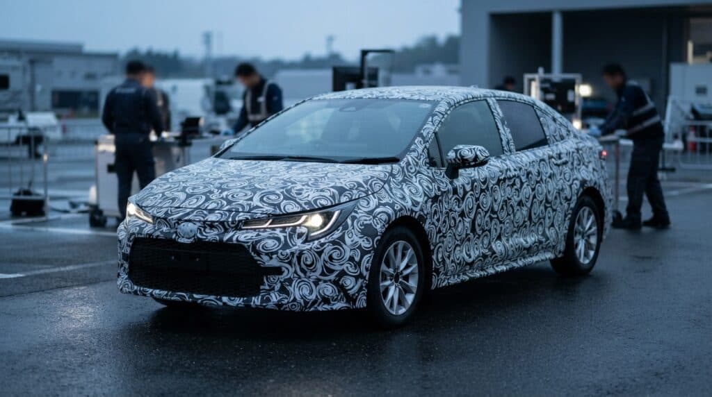 Toyota Corolla Yepyeni Bir Çağa Hazırlanıyor: 4 Farklı Güç Ünitesi Yolda 2 Kamuflaj desenli gövdeye sahip, ön farları yanık siyah Toyota Corolla test aracı ıslak zeminde duruyor.