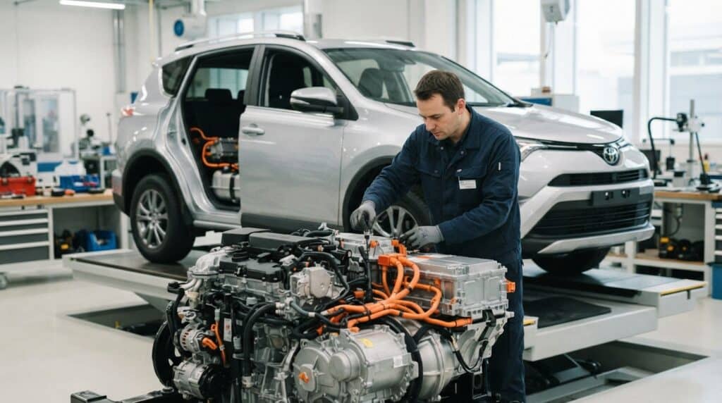 Toyota Strateji Değiştiriyor: Hibritin Ötesine Geçip Menzil Uzatıcı Teknolojisine Yatırım Yapıyor 2 Toyota marka hibrit bir aracın motorunu inceleyen teknisyen.