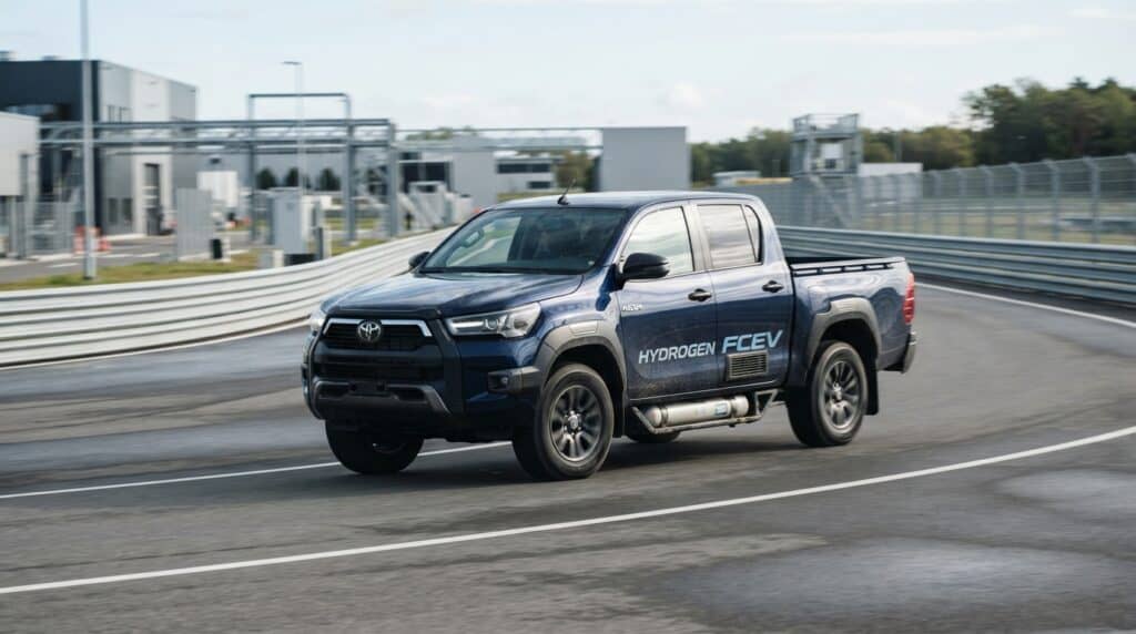 Toyota'dan Hidrojen Hamlesi: 2028'de Yollara Çıkacak Hilux FCEV Neler Sunuyor? 7 Gri renkli bir test pistinde virajı dönen, üzerinde "HYDROGEN FCEV" yazısı bulunan mavi renkli Toyota Hilux hidrojen yakıt hücreli kamyonet.