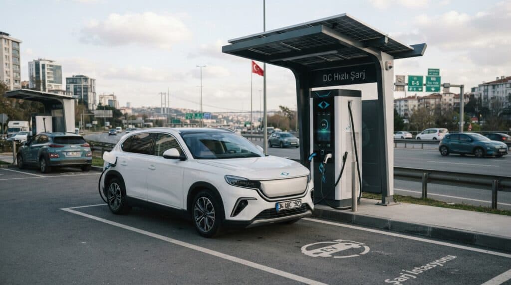 Türkiye'de bir Togg T10X elektrikli SUV, güneş enerjili şarj istasyonunda DC hızlı şarj cihazına bağlanmış olarak şarj ediliyor.