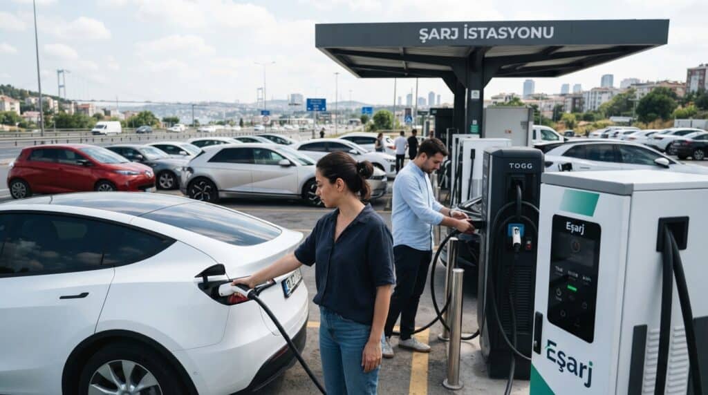 Bir elektrikli araç şarj istasyonunda otomobillerini şarj eden bir kadın ve erkek görülüyor.