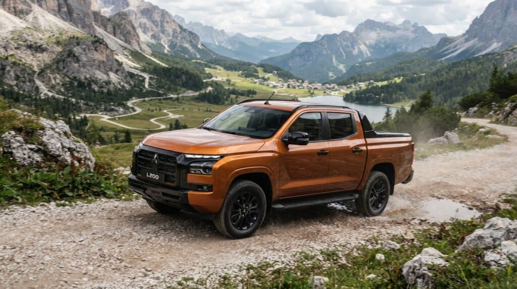 Turuncu renkli yeni nesil Mitsubishi L200 kamyonet, dağlık bir arazideki toprak yolda sürüş yaparken görülüyor.