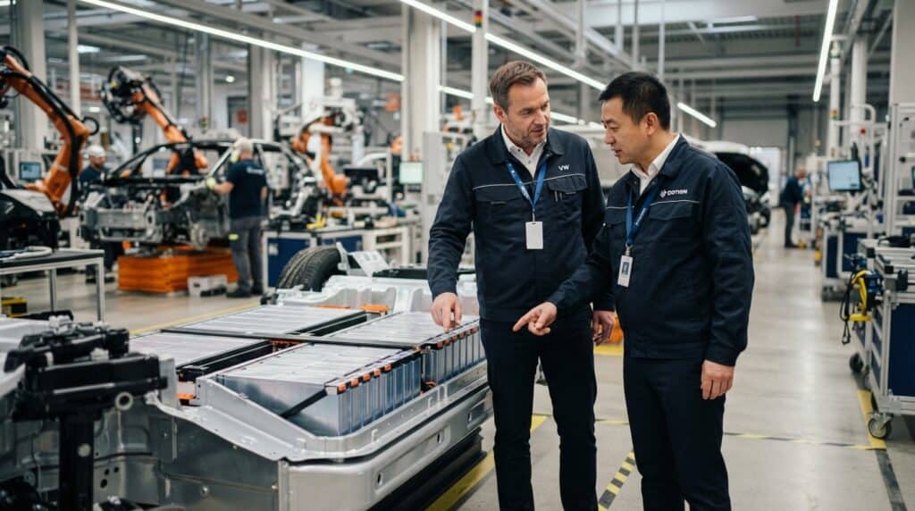Volkswagen ve Gotion'dan Stratejik Adım: Avrupa'da LFP Batarya Dönemi Başlıyor 2 Volkswagen ve Gotion yöneticileri, elektrikli araç üretim tesisindeki LFP batarya modüllerini inceleyerek değerlendiriyor.