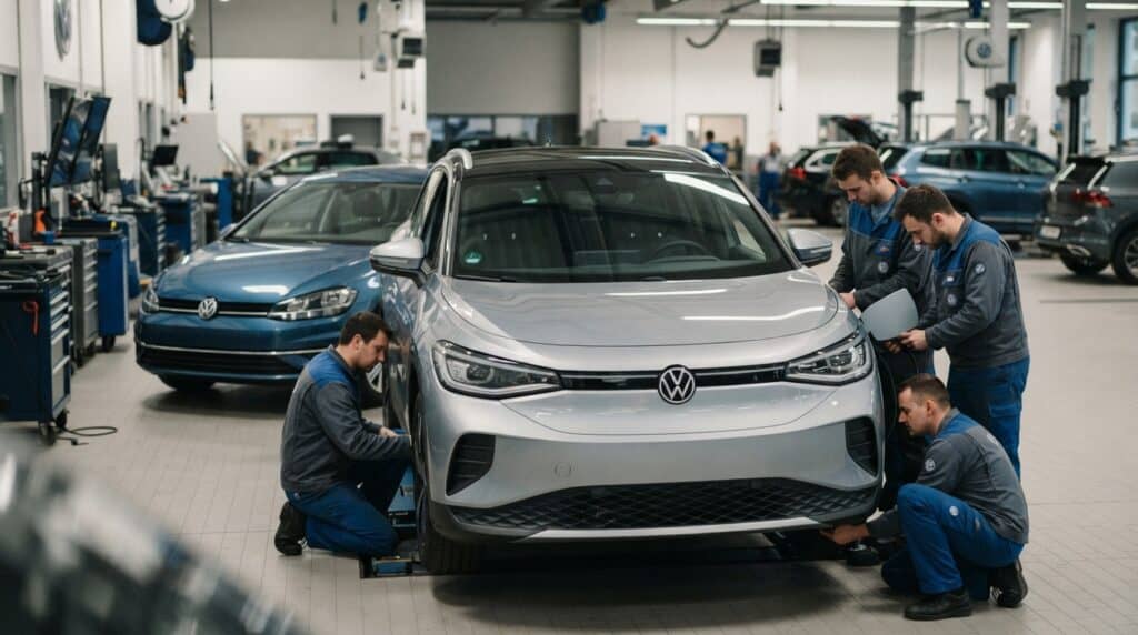 Volkswagen'de Beklenen Kırılma: Elektrikli Modeller Benzinlileri Geride Bıraktı 2 Bir Volkswagen fabrikasında tamirhanesinde bir gümüş ID.4 ve mavi bir Golf'ün bakımını yapan teknisyenler görülüyor.