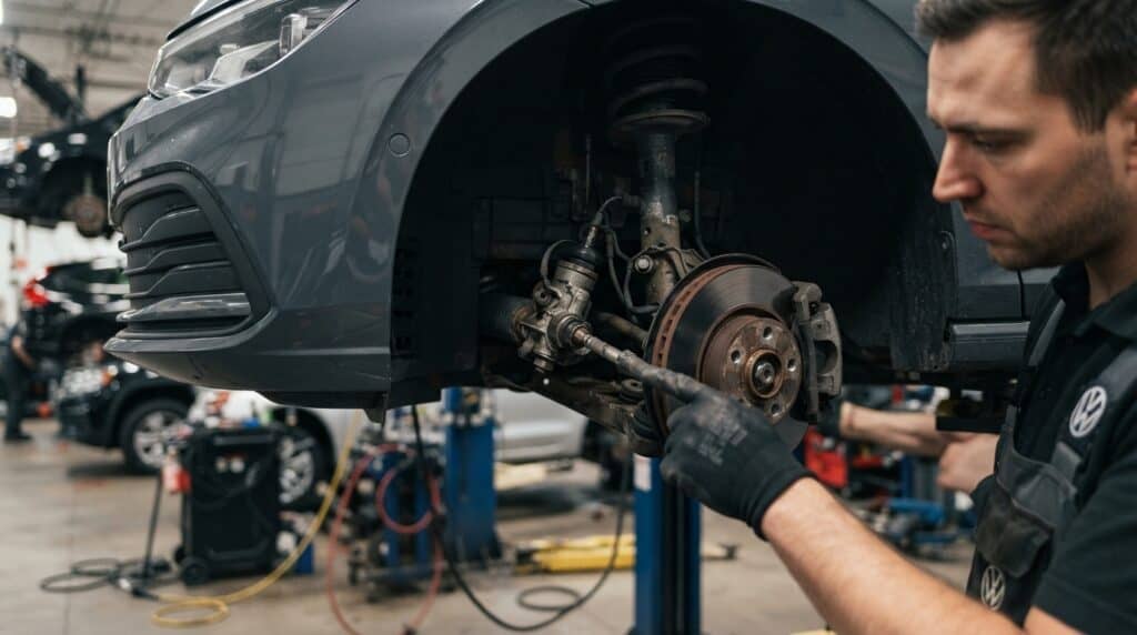 Volkswagen'den Milyonluk Geri Çağırma: Kritik Direksiyon Sorunu 2 Volkswagen logolu iş kıyafeti giyen bir tamirci, lifte kaldırılmış bir otomobilin ön tekerlek ve direksiyon mekanizmasını inceliyor.