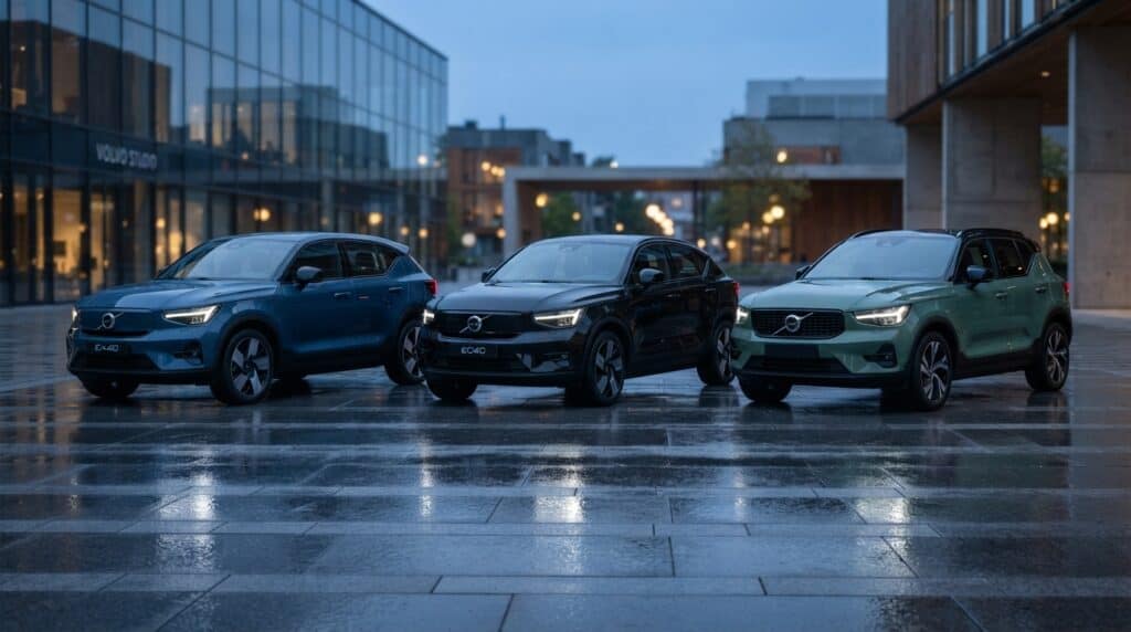 Islak zeminli bir şehir meydanında park halinde duran mavi Volvo EX40, siyah Volvo EC40 ve yeşil Volvo XC40 otomobiller.