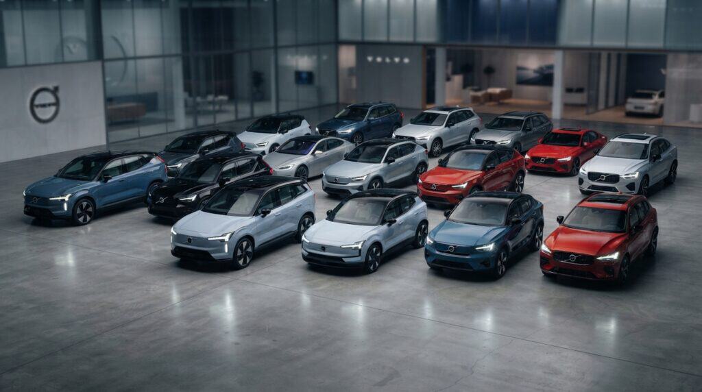Volvo'dan 2030 Hamlesi: 13 Yepyeni Model Yolda 2 Volvo'nun çeşitli model ve renklerdeki elektrikli araçları bir showroomda sergileniyor.