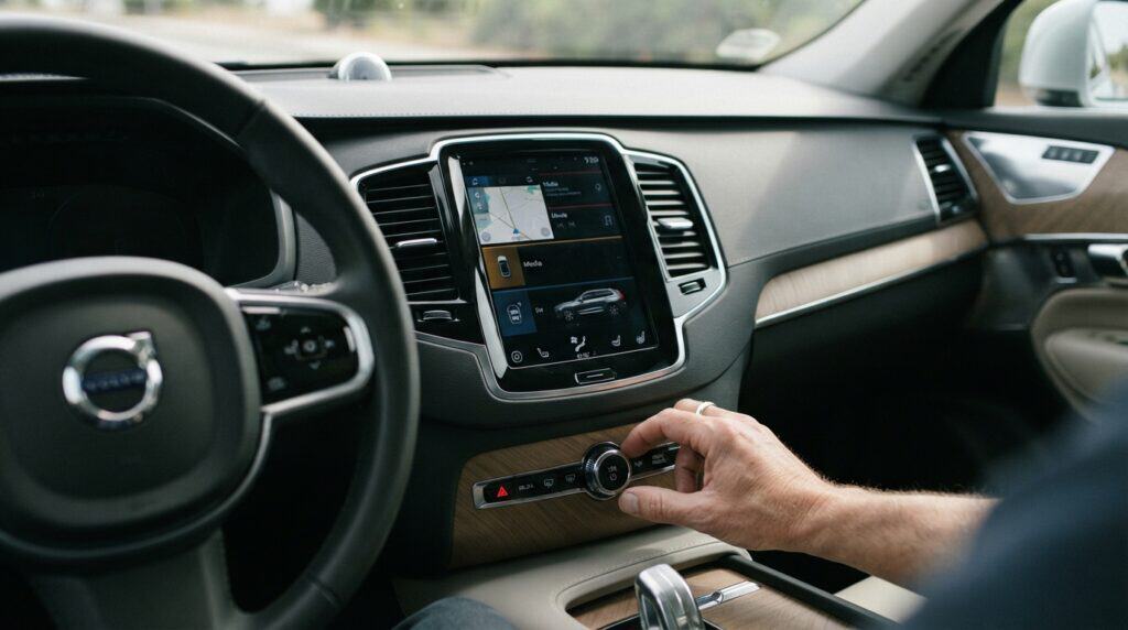 Bir Volvo modelinin kokpitinde, sürücünün orta konsoldaki ses ve medya kontrol düğmesini çevirdiği an görülüyor.