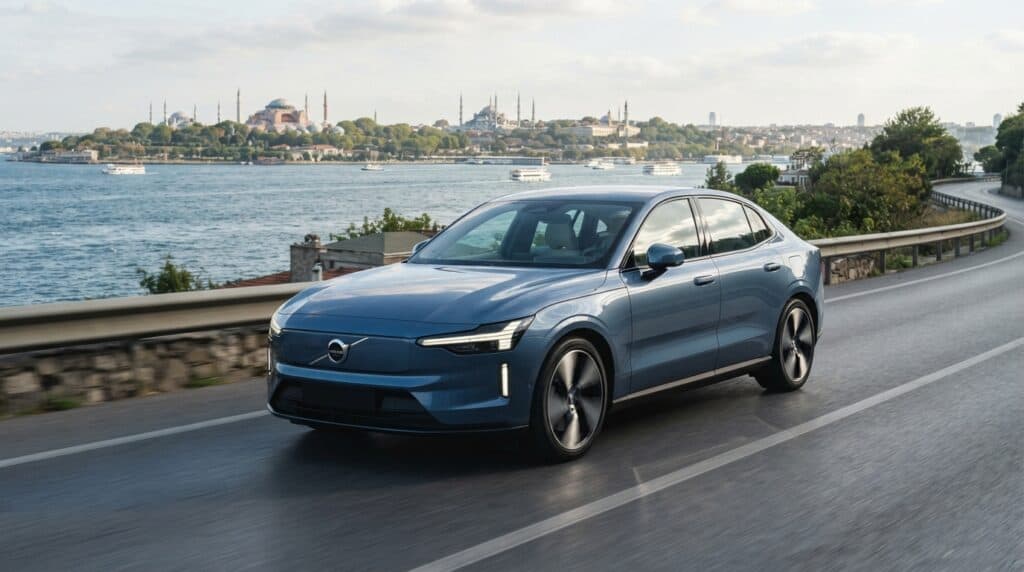 Volvo'nun Yeni Amiral Gemisi Elektrikli ES90 Türkiye Pazarında 2 İstanbul Boğazı kıyısındaki sahil yolunda seyreden mavi renkli Volvo ES90 elektrikli otomobil.