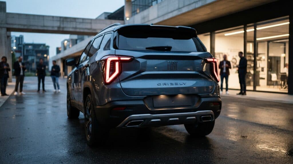 Yeni Fiat Grizzly'nin Arka Tasarımı Otomobil Dünyasını İkiye Böldü 2 Islak bir zeminde park halindeki gri renkli Fiat Grizzly model otomobilin arka tasarımı.