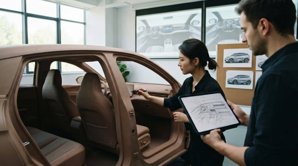 BYD Seagull modelinin kil modelini inceleyen iki tasarımcı.