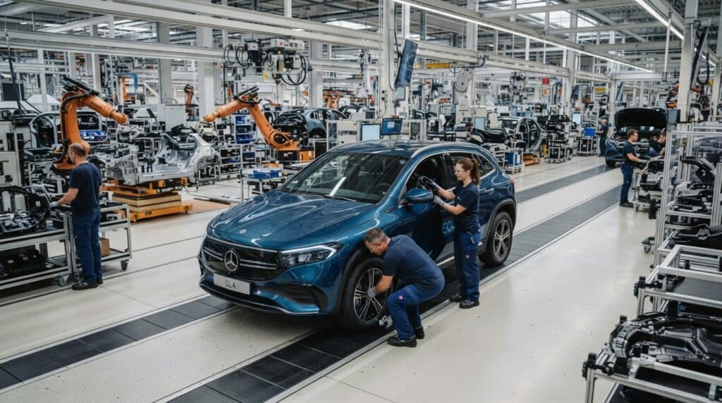 Yeni Nesil Elektrikli Mercedes-Benz GLA'nın Üretimi Almanya'da Başladı 3 Montaj hattındaki Mercedes-Benz EQA'nın üzerine eğilmiş çalışanlar ve otomobilin üretim sürecinden detaylar görülüyor.