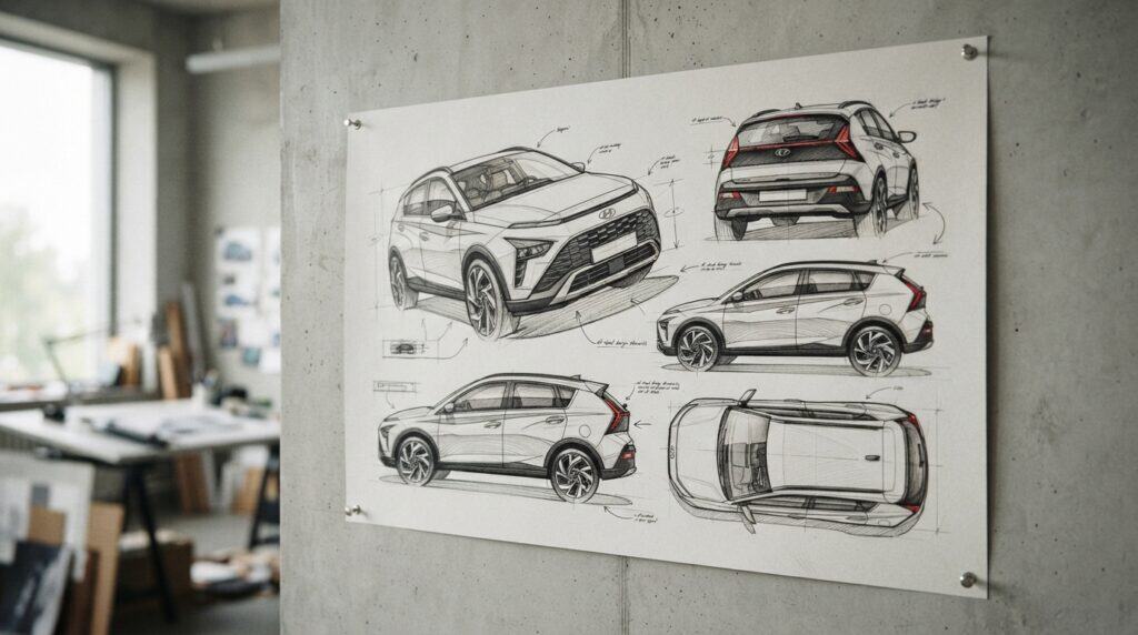 Yeni Nesil Hyundai Bayon'un Tasarım Çizimleri Paylaşıldı 9 Beton duvara asılı, Yeni Nesil Hyundai Bayon'un farklı açılardan çizimlerini gösteren büyük tasarım posteri.