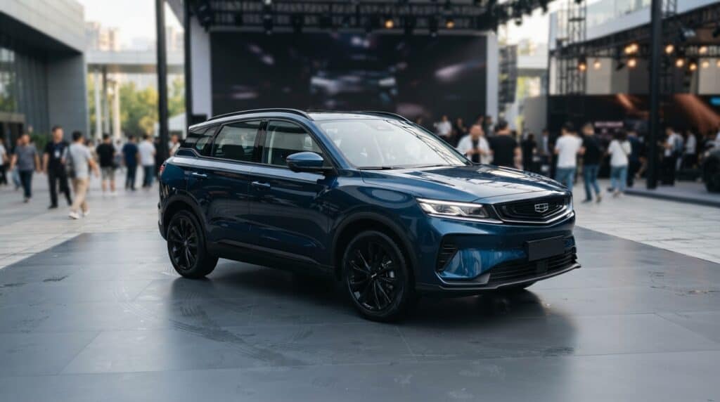 Yenilenen Geely Galaxy E5 Çıktı: Arkadan İtiş, 800V Mimarisi ve Dikkat Çeken Fiyatı 2 Bir açık hava fuar alanında sergilenen lacivert renkli Geely marka SUV.