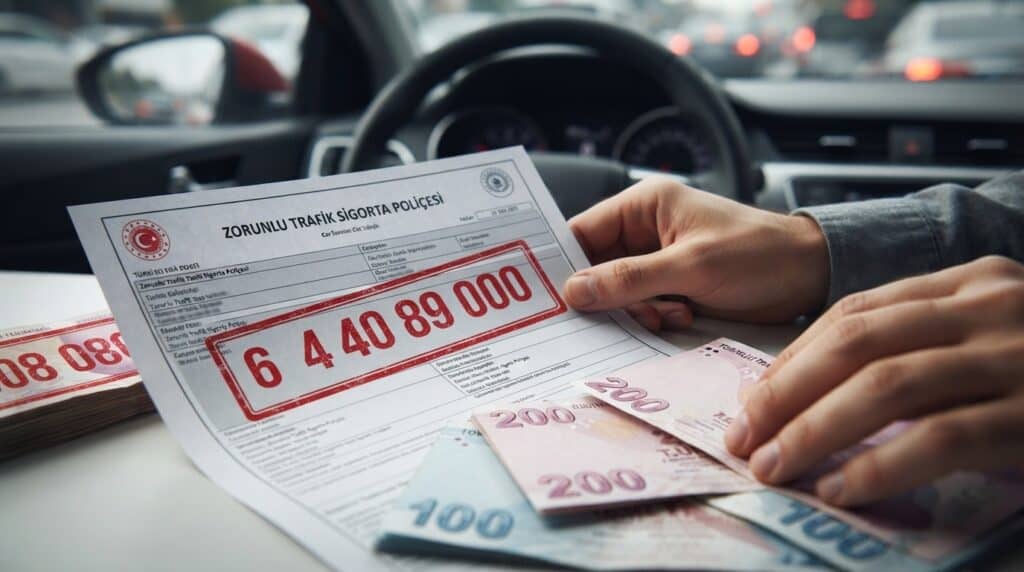 Direksiyondaki bir sürücünün ellerinde tuttuğu zorunlu trafik sigortası poliçesi ve Türk lirası banknotları görülüyor.