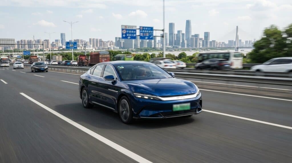 Otoyolda seyreden mavi renkli bir BYD Han elektrikli otomobil.