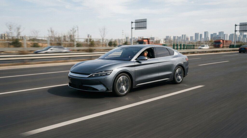 1.008 Kilometrelik Menziliyle Dikkat Çeken BYD DaHan Otoyol Testinde Ne Kadar Gitti? 2 Otoyolda seyir halinde olan gri renkli BYD Han elektrikli sedan otomobil.