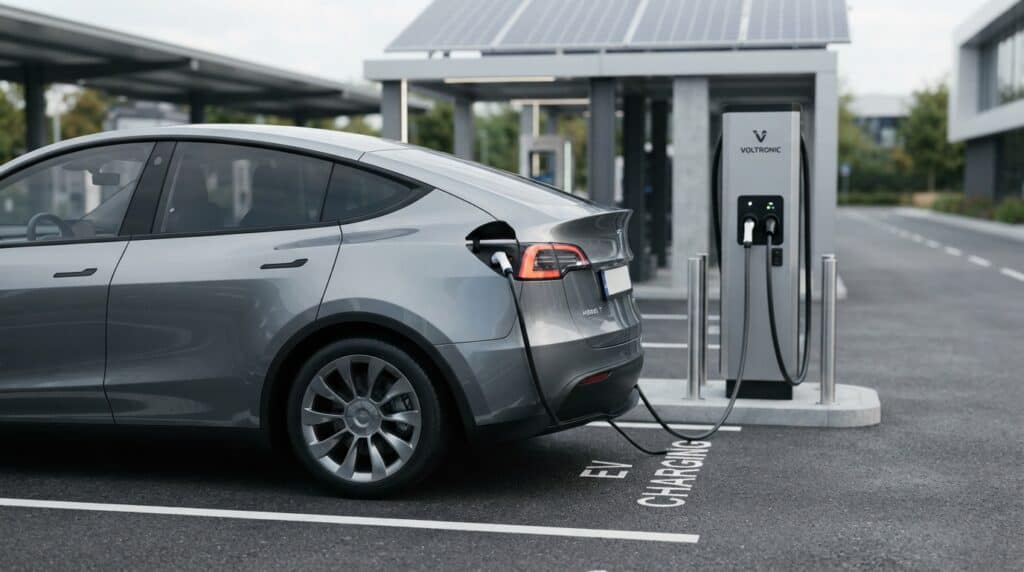2026 Elektrikli Araç MTV ve ÖTV Rehberi: kW Motor Gücü Dilimleri 2 Şarj istasyonunda Voltronic şarj cihazına bağlı gri bir elektrikli araç görülmektedir.