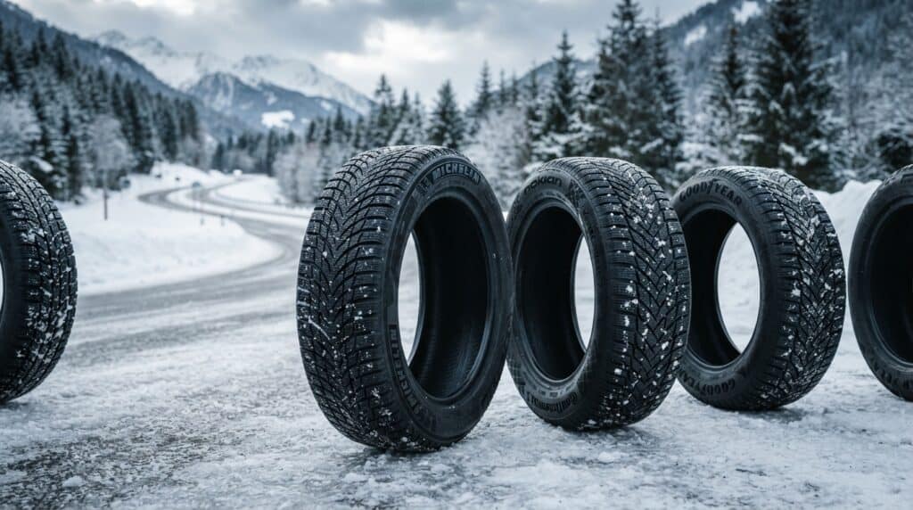 2026'nın En İyi Kış Lastikleri: Sürücüler İçin Seçmeler ve Tavsiyeler 2 Karlı bir dağ manzarasının önünde dizilmiş Michelin, Nokian, Continental ve Goodyear kış lastikleri.