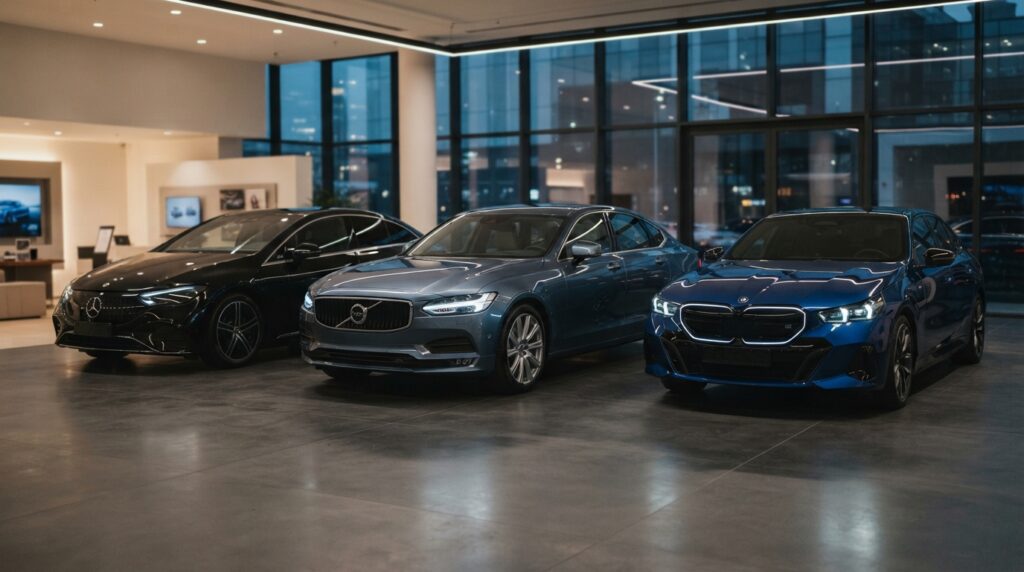 7 Milyon TL Bütçeyle Hangi Elektrikli Lüks Otomobil Alınır? Volvo ES90 Karşısında Alman Rakipleri 2 Bir otomobil showroom'unda yan yana park etmiş siyah bir Mercedes-Benz EQE, mavi bir Volvo S90 ve mavi bir BMW i5 elektrikli otomobil sergileniyor.