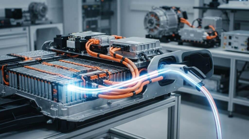 800 Volt Mimarisi Nedir? Şarj Süresini Nasıl Kısaltır? 2 Laboratuvar ortamında bir elektrikli araç batarya paketi ve şarj ünitesi görülüyor.