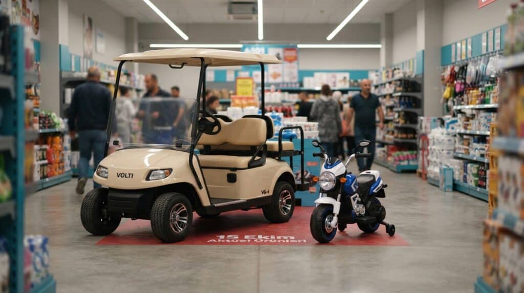 A101 15 Ekim Aktüel Ürünleri: Elektrikli Golf Arabası ve Çocuk Motosikleti Satışta 2 Bir A101 mağazasında sergilenen bej renkli Volti VG-1 elektrikli golf arabası ile mavi-beyaz renkli çocuk motosikleti.