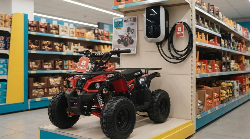 A101'in 8 Ekim Kataloğunda Elektrikli Çocuk ATV ve Vestel Şarj Cihazı Dikkat Çekiyor 2 Bir market reyonunda sergilenen kırmızı renkli Volta marka elektrikli çocuk ATV'si ve duvara monte Vestel şarj cihazı.