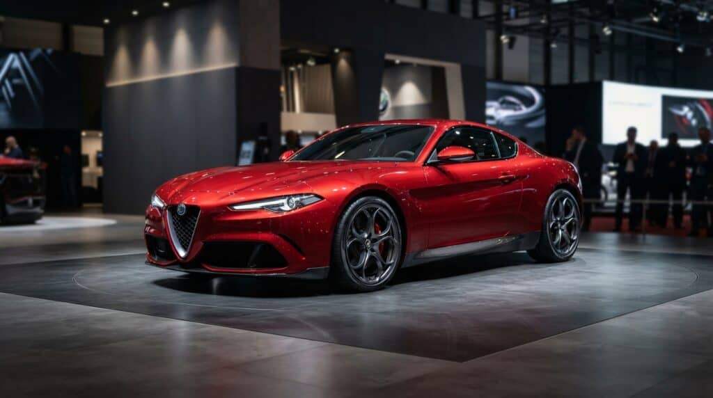 Alfa Romeo Cuorerosso Hibrit GT konsept otomobili, bir fuar standında sergileniyor.