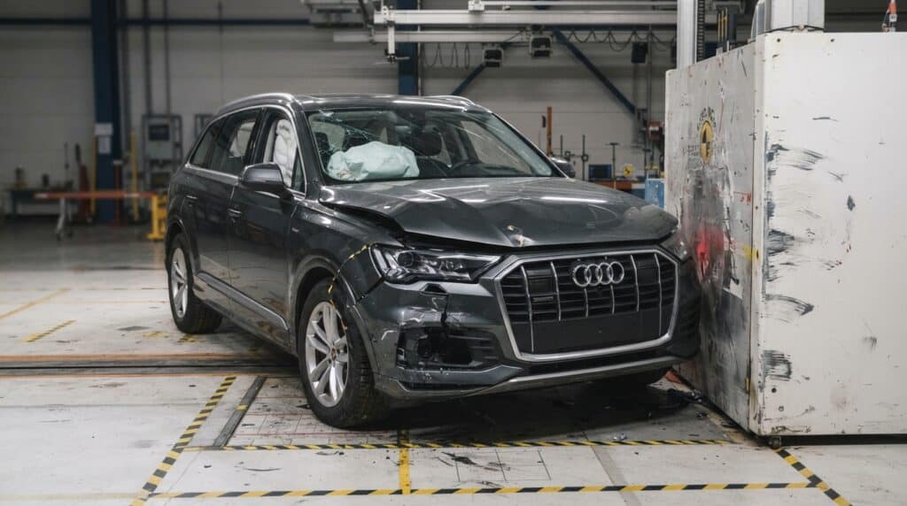 Audi Q7 Euro NCAP Testinden Geçti: Kaza Sonrası Güvenlikte 0 Başarı 2 Bir çarpışma testinde bir Audi Q7'nin sağ ön kısmıyla duvara çarptığı, ön kısmının hasar aldığı ve hava yastıklarının açıldığı görülmektedir.