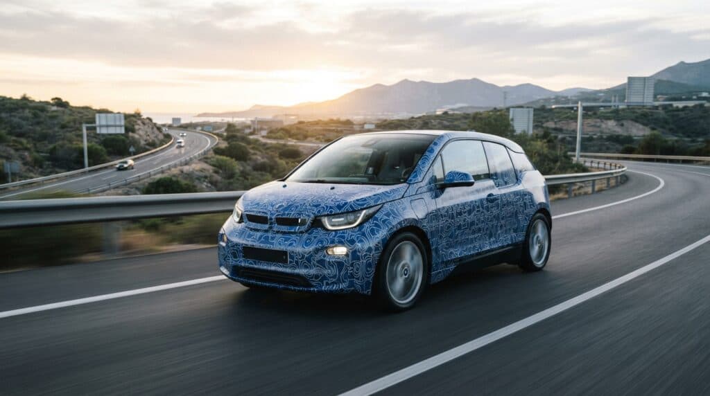 BMW Ailesinin Yeni Üyesi: Giriş Seviyesindeki Elektrikli Model i1 Ufukta Göründü 8 Kamuflajlı bir BMW i1 elektrikli otomobil, dağ manzarasının yer aldığı virajlı bir otoyolda seyrediyor.
