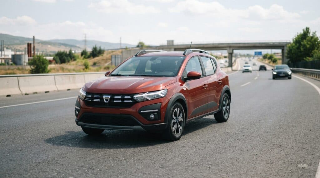 Otoyolda seyir halinde olan kahverengi renkli bir Dacia Sandero Stepway.