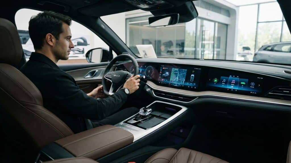 BYD Tang'ın panoramik kokpitinde direksiyonu tutan bir sürücü.
