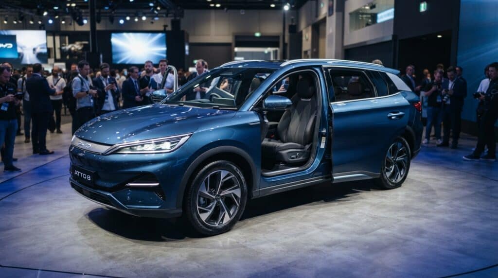 Kapıları açık şekilde sergilenen mavi renkli BYD Atto 8 elektrikli SUV, modern tasarımıyla fuar alanında duruyor.