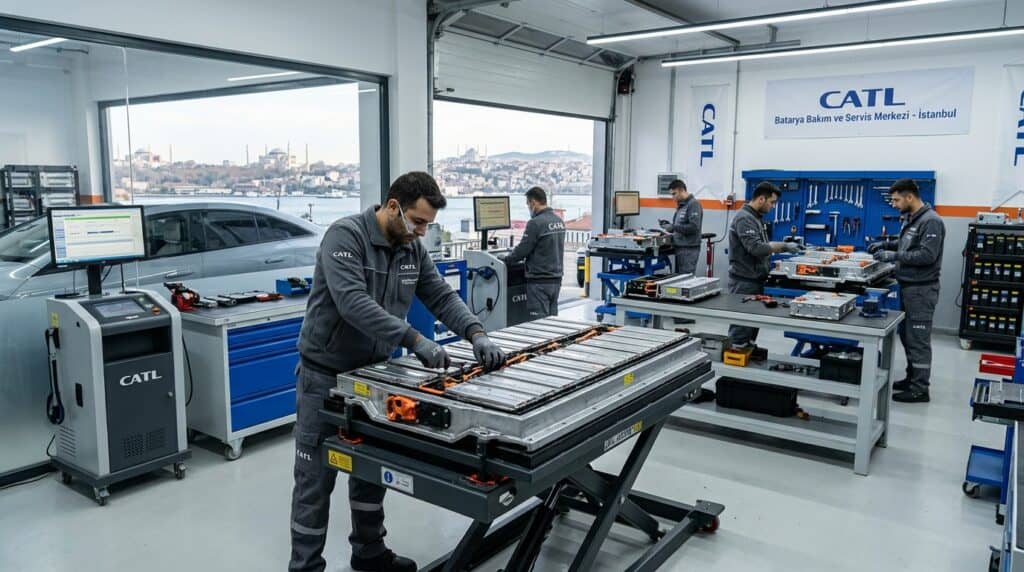 CATL, İstanbul'da Batarya Bakım ve Servis Merkezi Açıyor 2 CATL batarya bakım merkezinde teknisyenler elektrikli araç batarya paketleri üzerinde çalışıyor.