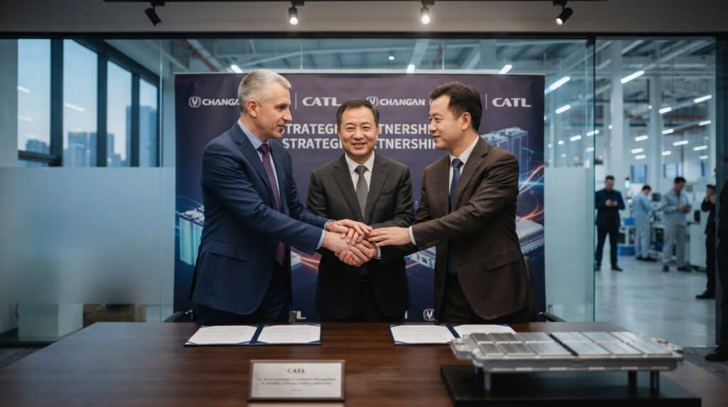 Changan ve CATL'den Dev Batarya Yatırımı: 1.500 Kilometre Menzil Yolda 2 Changan ve CATL yöneticileri masada el sıkışırken ve önlerinde belgeler ile batarya prototipi yer alırken görülüyor.