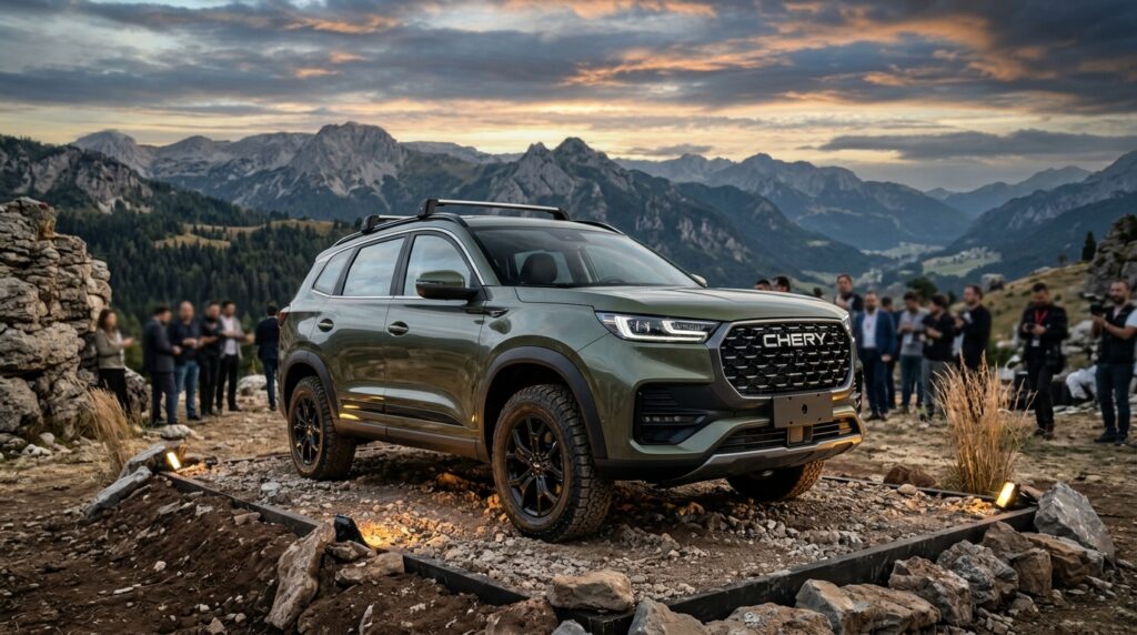 Chery Arazi Odaklı Yeni SUV Modeli Tiggo X7'yi Tanıttı 2 Dağ manzarası önündeki platformda sergilenen zeytin yeşili Chery Tiggo X7 SUV otomobil.