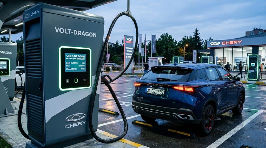 Chery'den Megavat Seviyesinde Şarj Teknolojisi: Volt-dragon 2 Volt-Dragon şarj istasyonunda şarj edilen mavi renkli Chery Omoda 5 EV elektrikli otomobil.