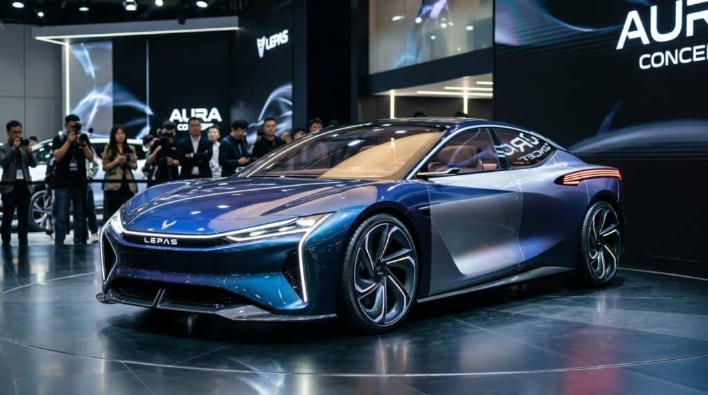 Otomobil fuarında sergilenen mavi renkli futuristik Lepas Aura konsept otomobili.