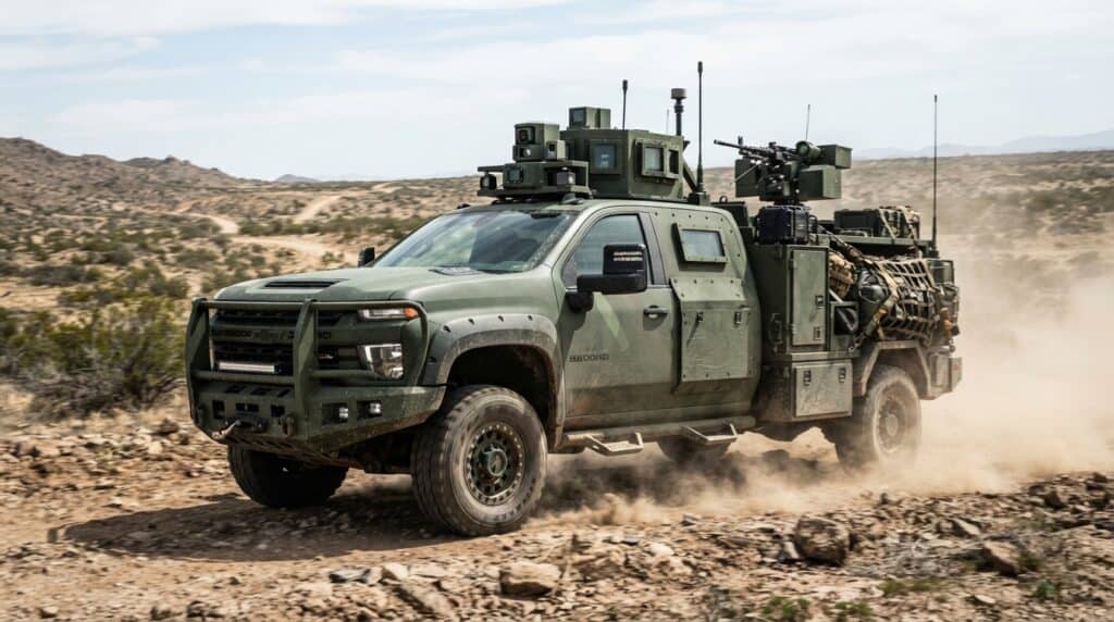 Çöl arazisinde hareket halindeki Chevrolet Silverado 3500HD tabanlı insansız askeri araç.